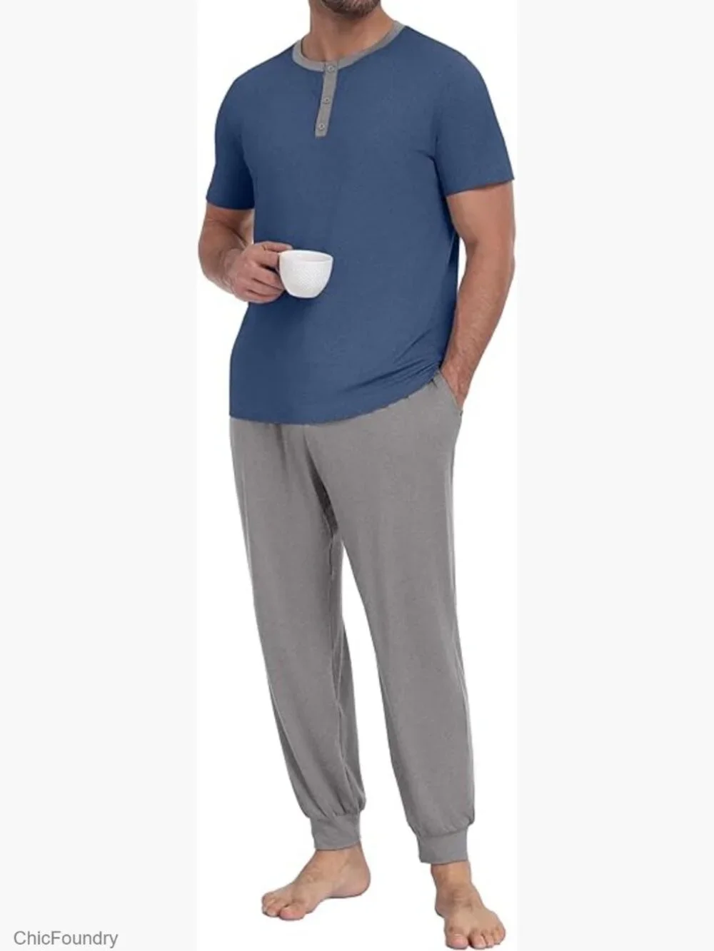 Men's 2-Piece Pajama Set Short Sleeve Henley Loungewear with Pockets